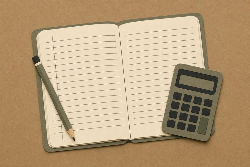 Open lined notebook with a pencil and a pocket calculator, cut-paper illustration