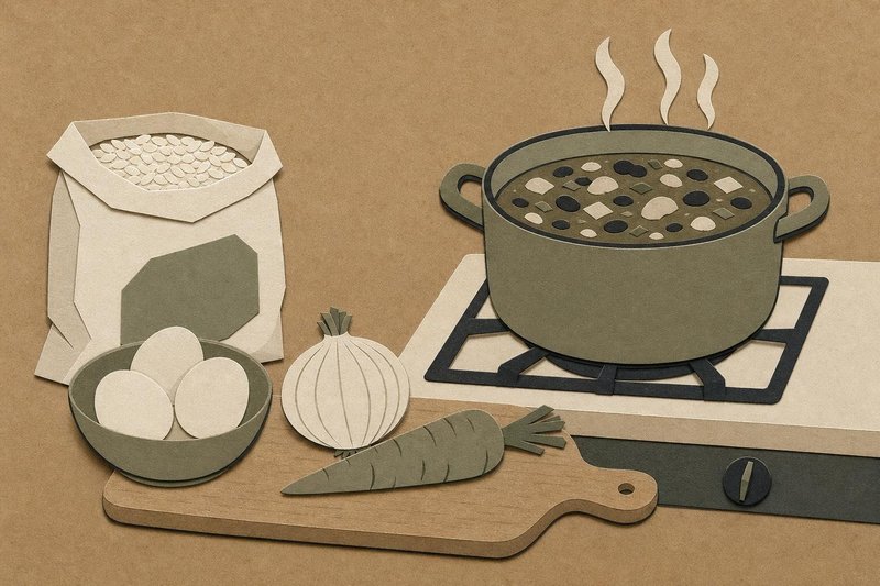 Pot of bean stew, a bag of rice, eggs, an onion and a carrot on a board, cut-paper illustration