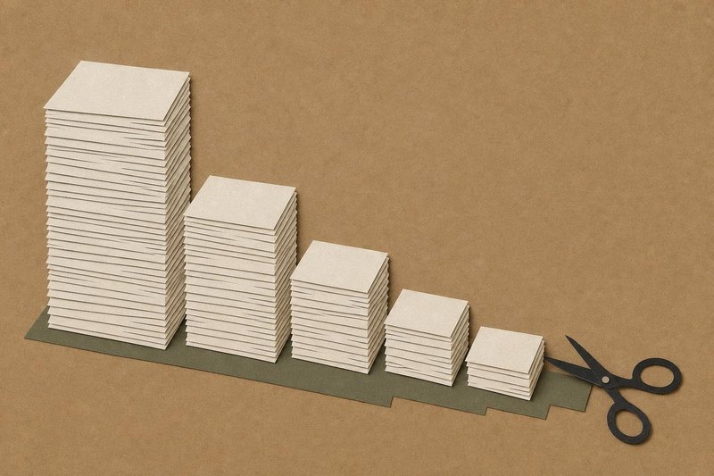 Tall stack of paper cut down into shorter stacks like stairs, cut-paper illustration