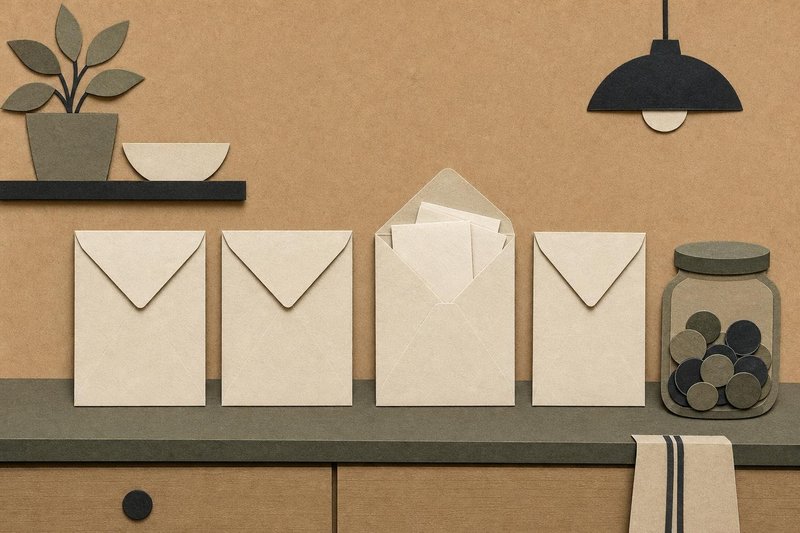 Paper envelopes standing on a kitchen table next to a jar of coins, cut-paper illustration