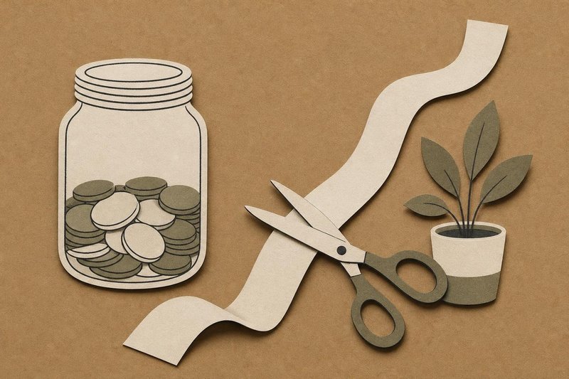 Glass jar of coins beside scissors cutting a paper strip, cut-paper illustration